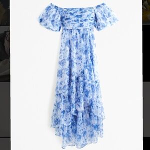 Blue Floral Emerson Off-The-Shoulder Drama Organza Maxi Dress